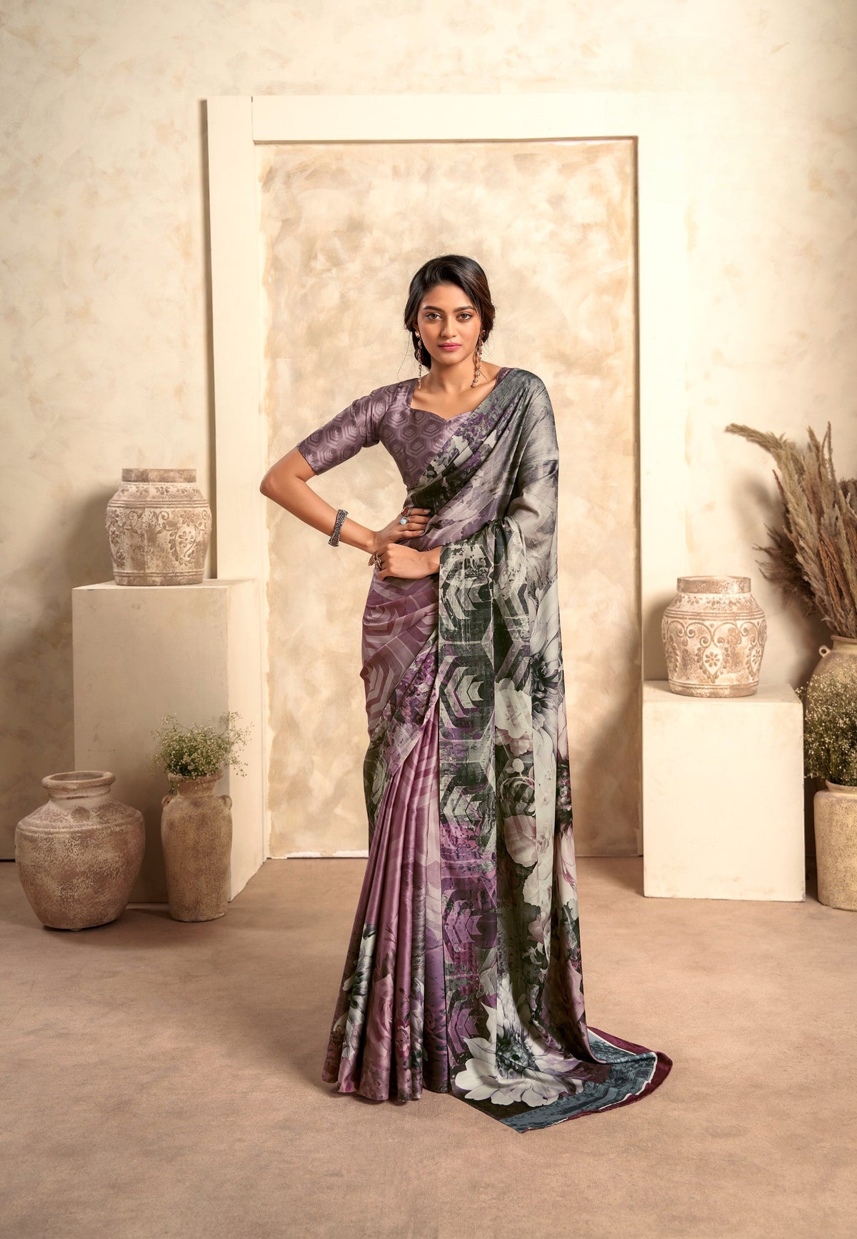 Anaita Lavender Soft Satin Silk With Zari Weaving Saree With Blouse | Grocsy
