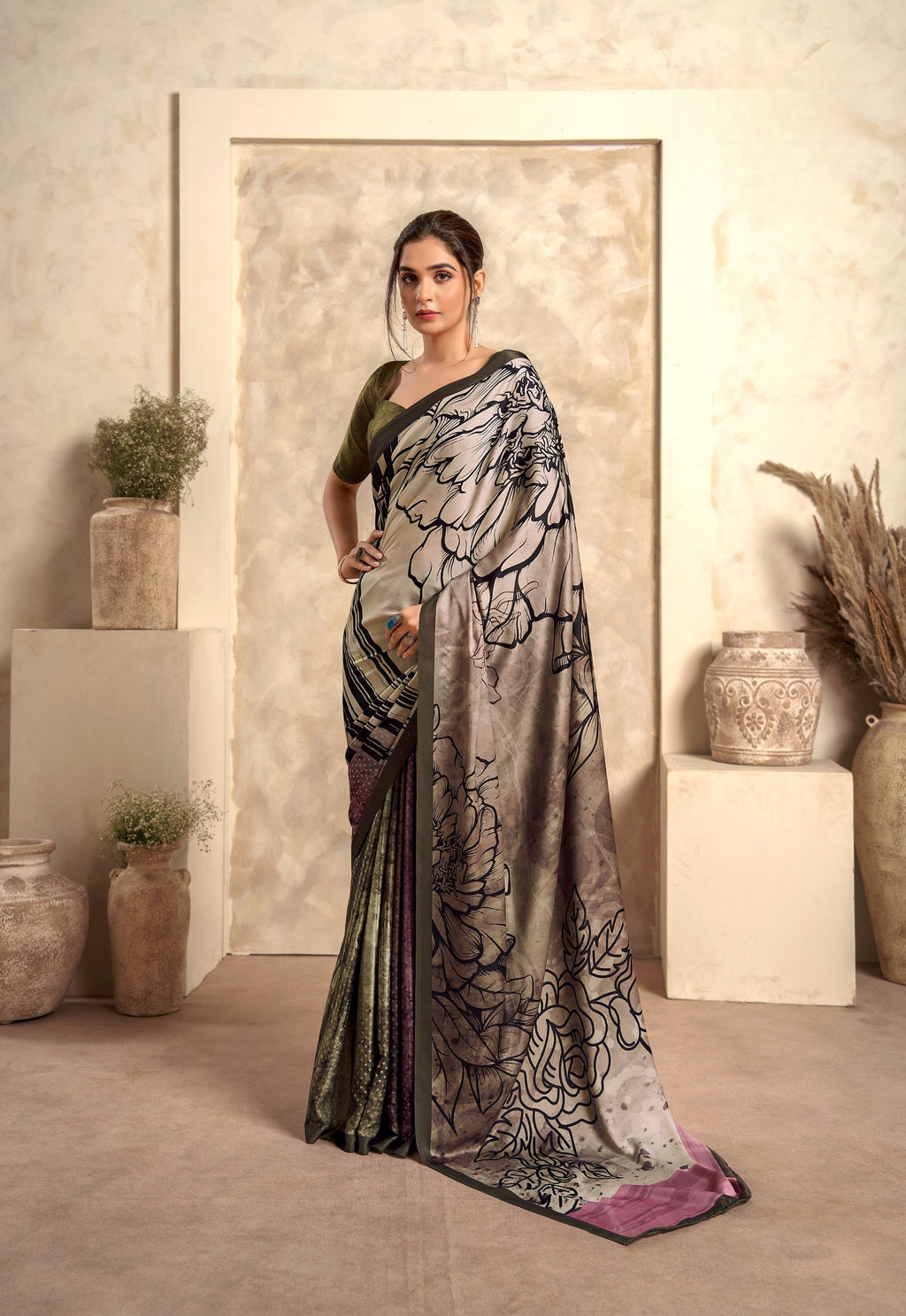Anaita Light Brown Soft Satin Silk With Zari Weaving Saree With Blouse | Grocsy