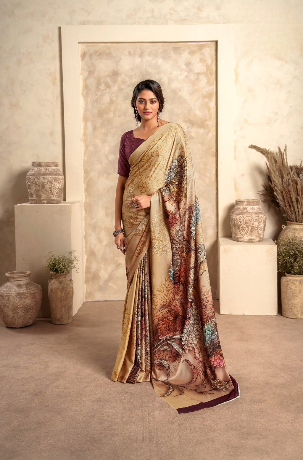 Anaita Dark Cream Soft Satin Silk With Zari Weaving Saree With Blouse | Grocsy