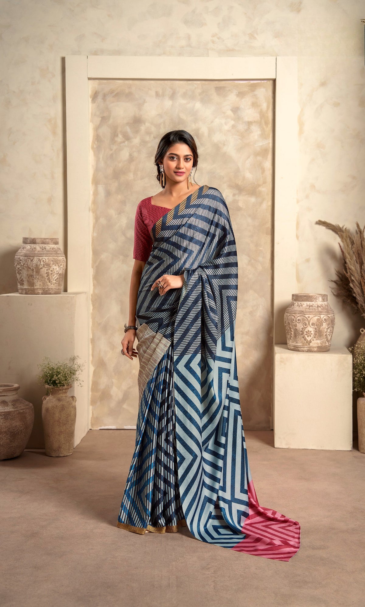 Anaita Dark Navy Blue Soft Satin Silk With Zari Weaving Saree With Blouse | Grocsy