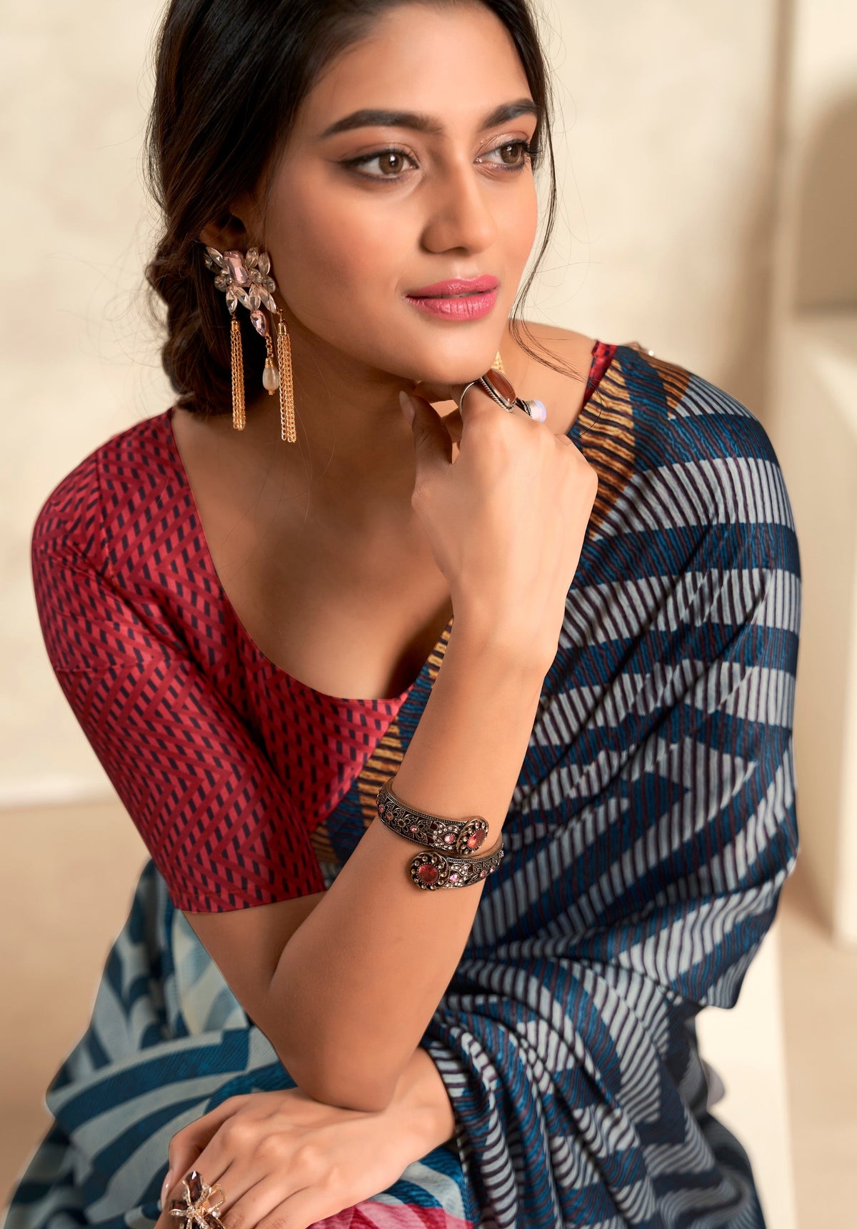 Anaita Dark Navy Blue Soft Satin Silk With Zari Weaving Saree With Blouse | Grocsy