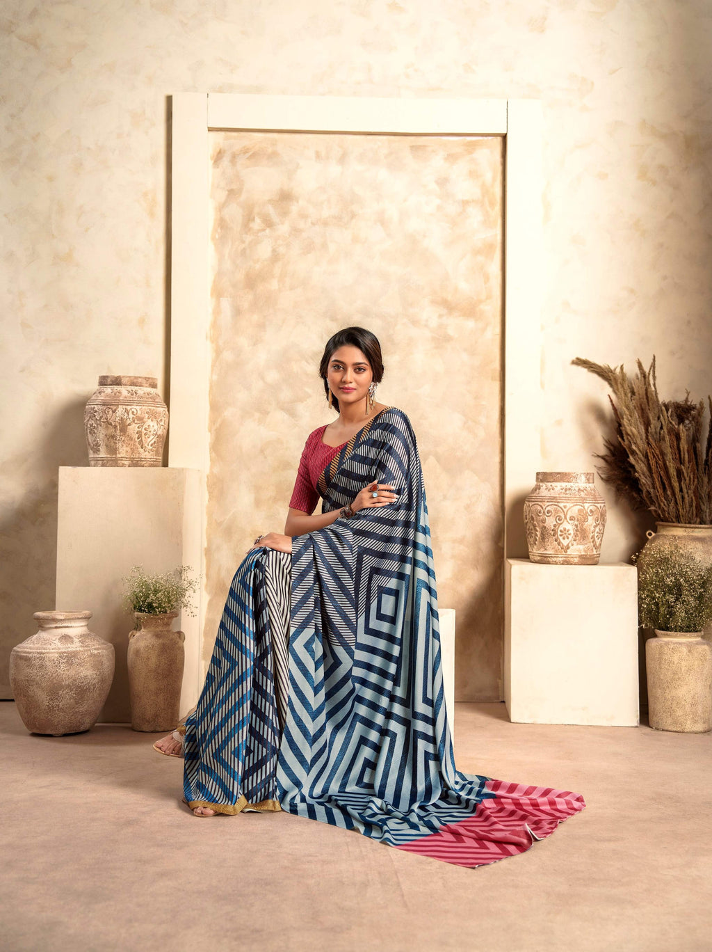 Anaita Dark Navy Blue Soft Satin Silk With Zari Weaving Saree With Blouse | Grocsy