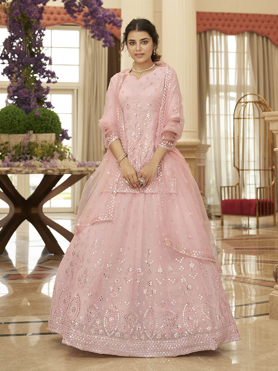 Myra Pink Georgette Embroidered Designer Lehenga | Grocsy
