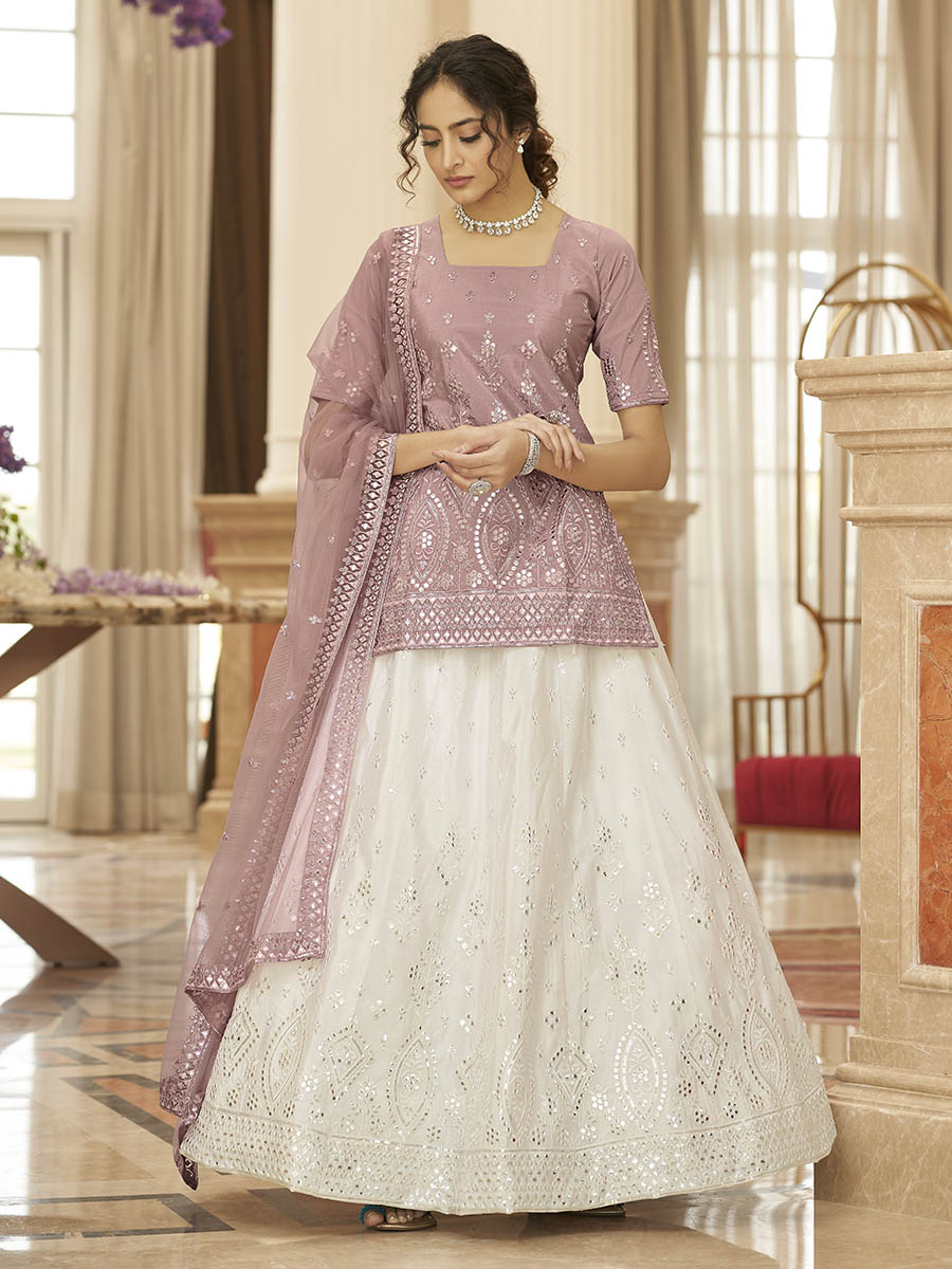 Myra Pearl White and Dusty Pink Embroidered Designer Lehenga | Grocsy