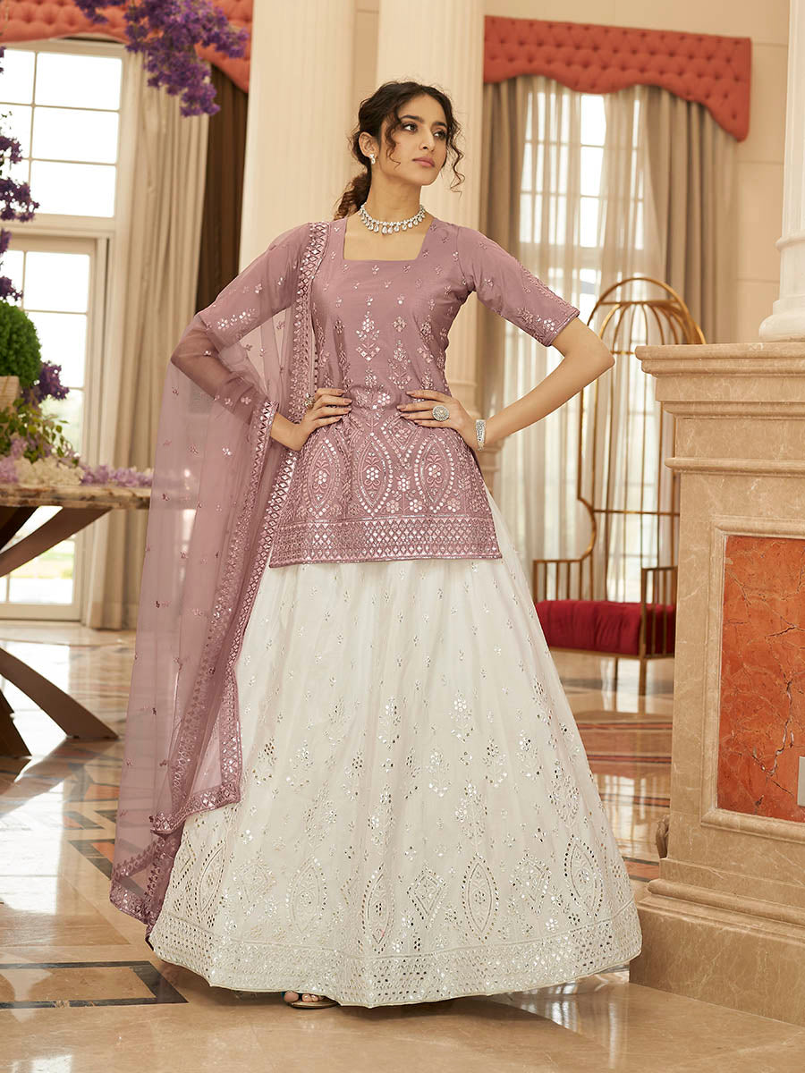Myra Pearl White and Dusty Pink Embroidered Designer Lehenga | Grocsy