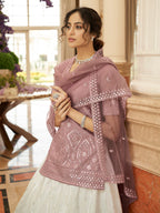 Myra Pearl White and Dusty Pink Embroidered Designer Lehenga | Grocsy