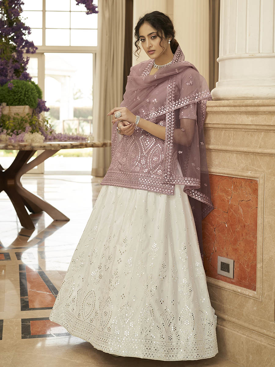 Myra Pearl White and Dusty Pink Embroidered Designer Lehenga | Grocsy