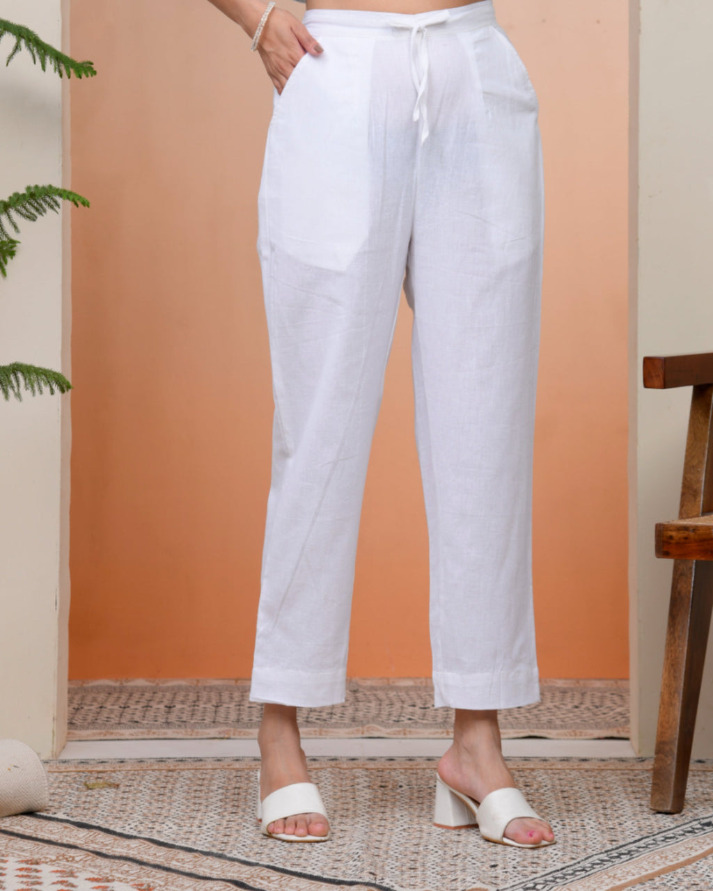 Vaasva Women Whitel Cotton Flax Solid Straight Pants | Grocsy