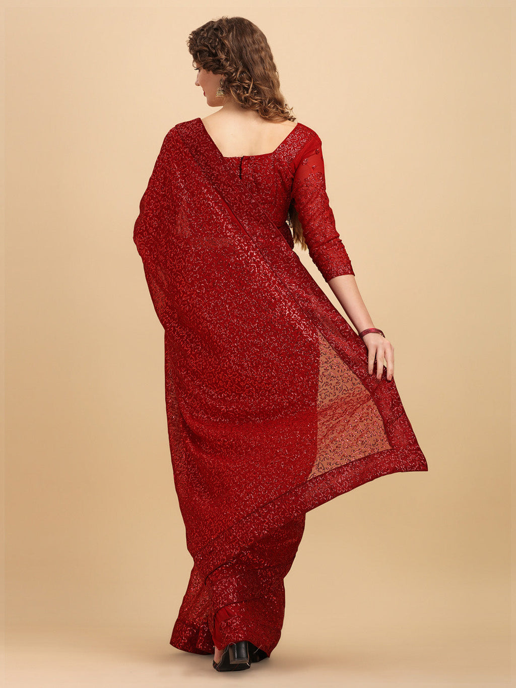 Sangria Maroon Embellished Sequinned Pure Georgette Saree | Grocsy