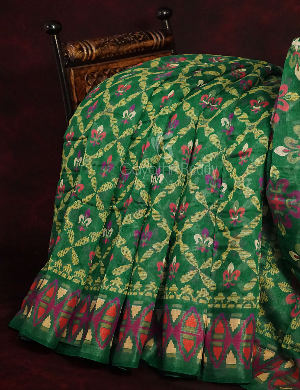 Dark Leaf Colored All Over Printed Semi Chanderi Saree By Gayathri Reddy Designer Studio | Grocsy