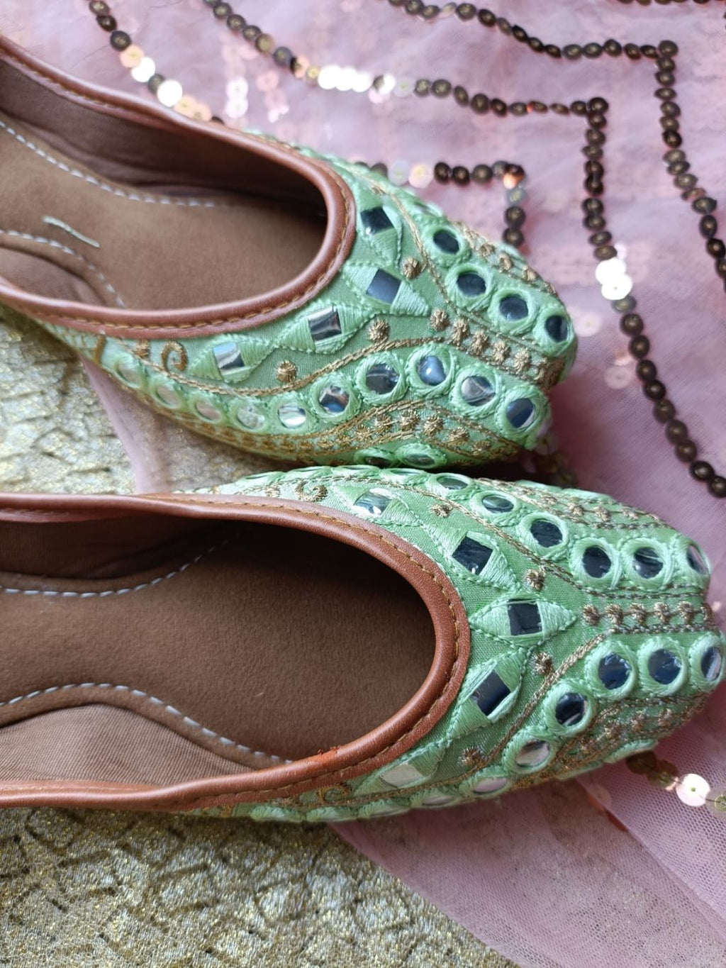Desi Colour Women Indian Ethnic Footwear-Sea Green Embroidery | Grocsy