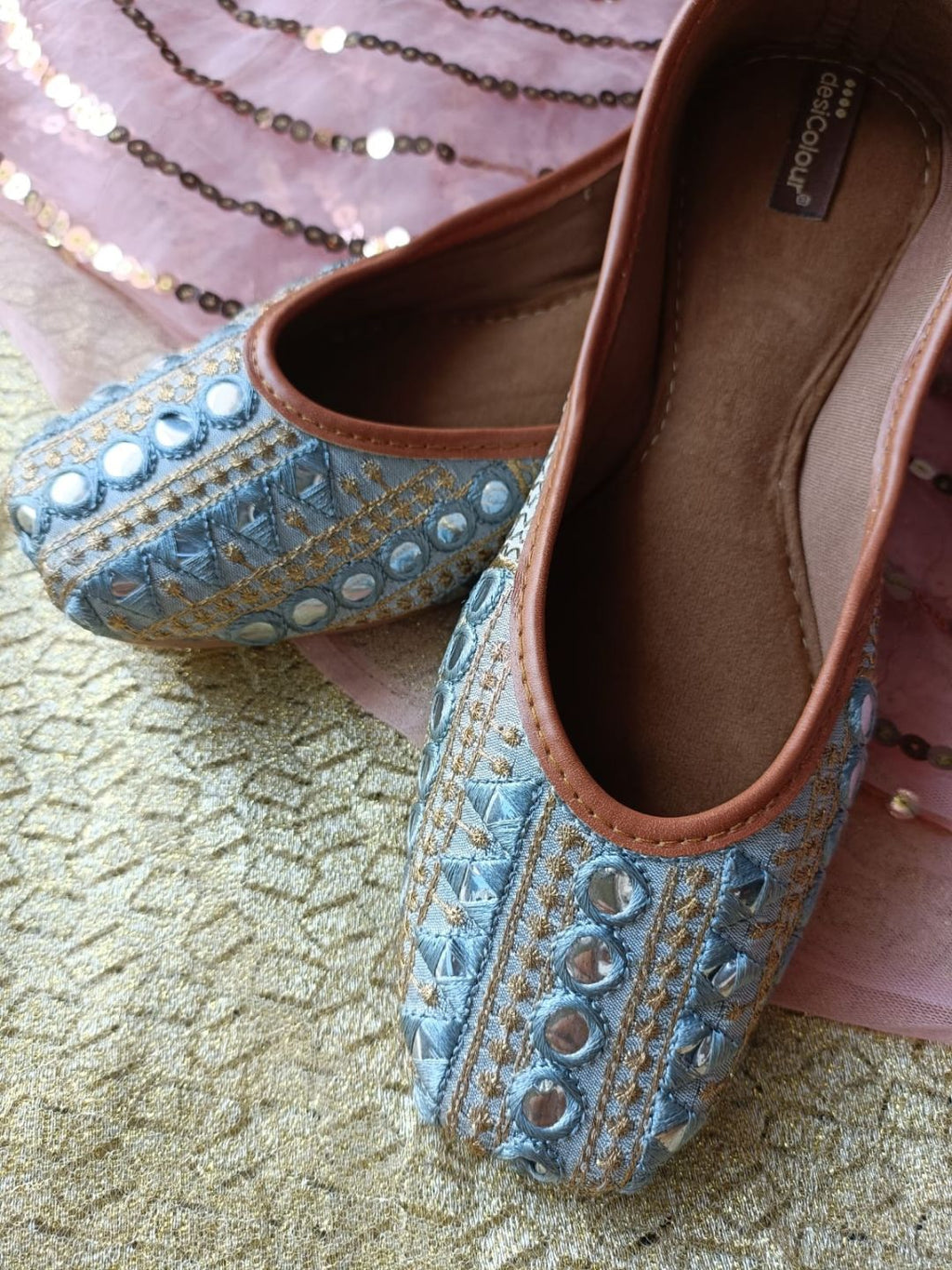 Desi Colour Women Indian Ethnic Footwear-Mini Dabka-Grey Mirror Lines | Grocsy