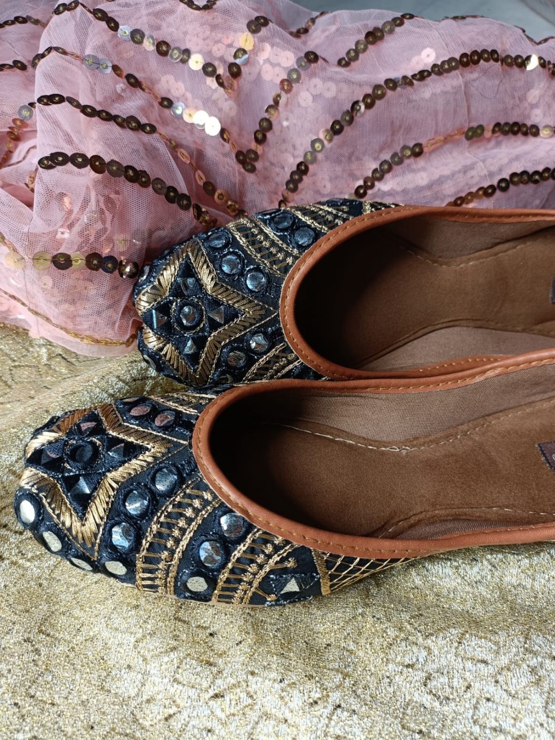 Desi Colour Women Indian Ethnic Footwear-Mini Dabka-Black Mirror | Grocsy