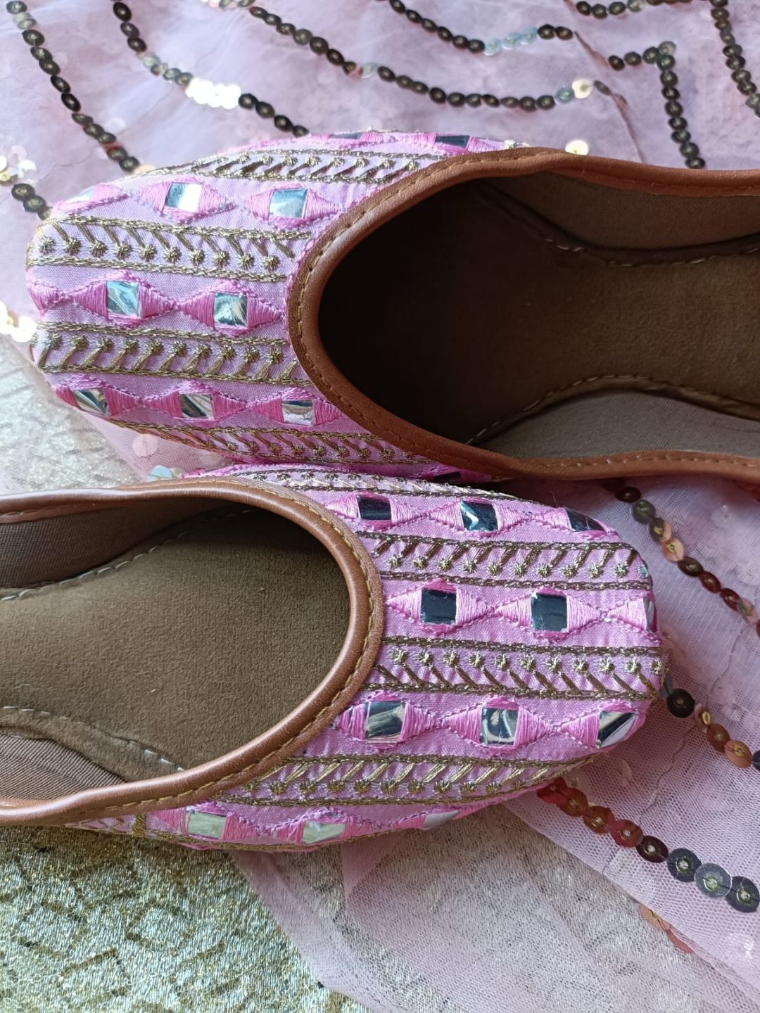 Desi Colour Women Indian Ethnic Footwear-Mini Dabka-Pink Mirror Lines | Grocsy