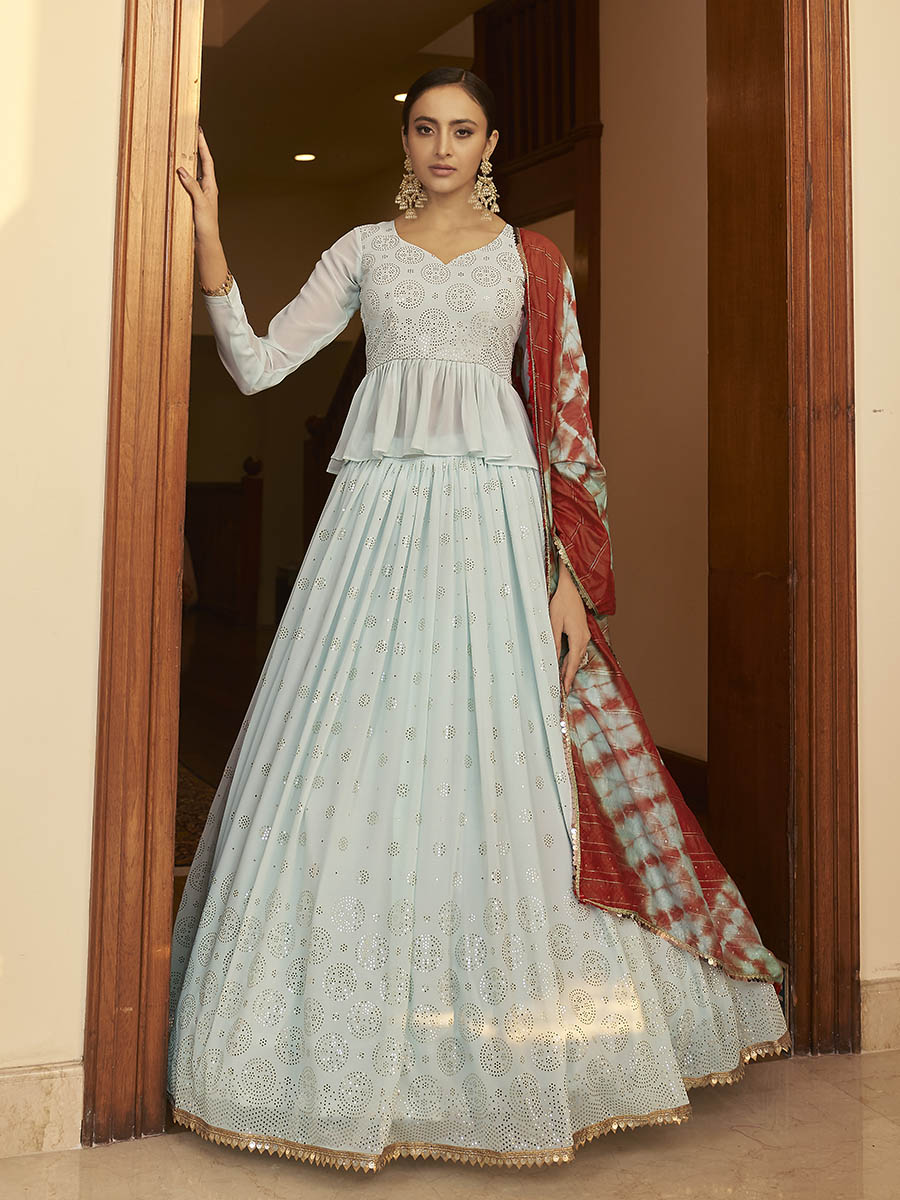 Myra Sky Multicolour Shibori Print Designer Lehenga | Grocsy