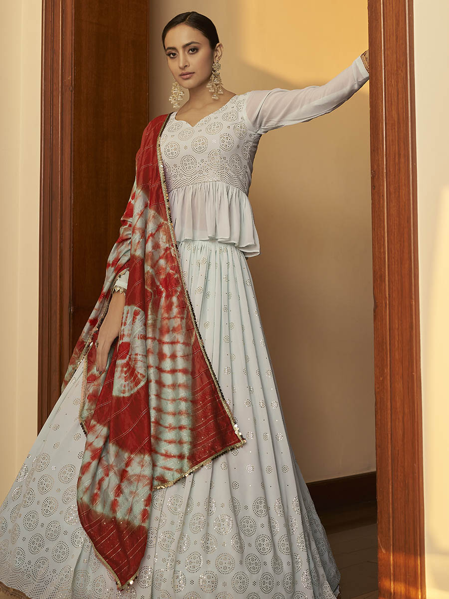 Myra Sky Multicolour Shibori Print Designer Lehenga | Grocsy
