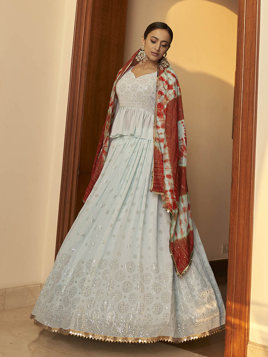 Myra Sky Multicolour Shibori Print Designer Lehenga | Grocsy
