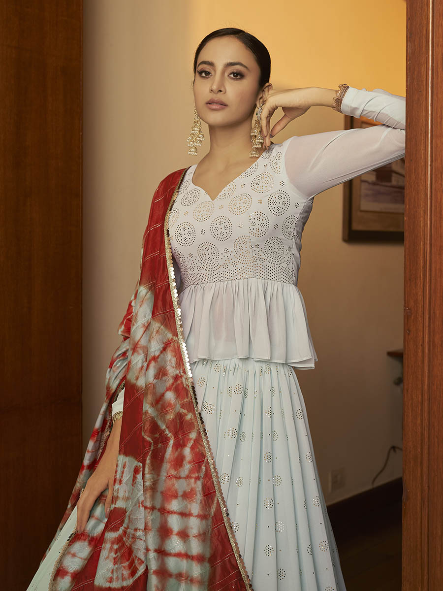 Myra Sky Multicolour Shibori Print Designer Lehenga | Grocsy