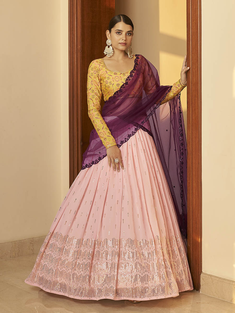 Myra Multicolour Georgette Mukaish Work Designer Lehenga | Grocsy