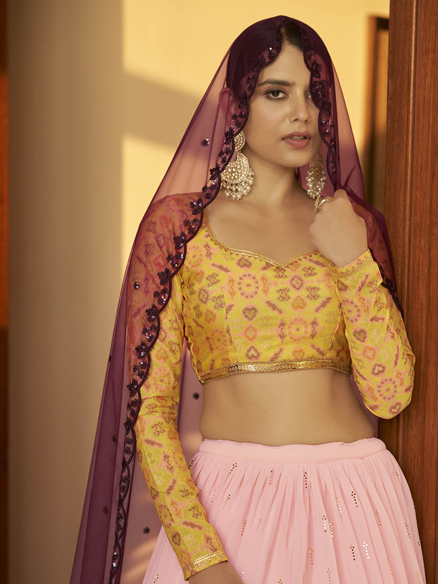 Myra Multicolour Georgette Mukaish Work Designer Lehenga | Grocsy