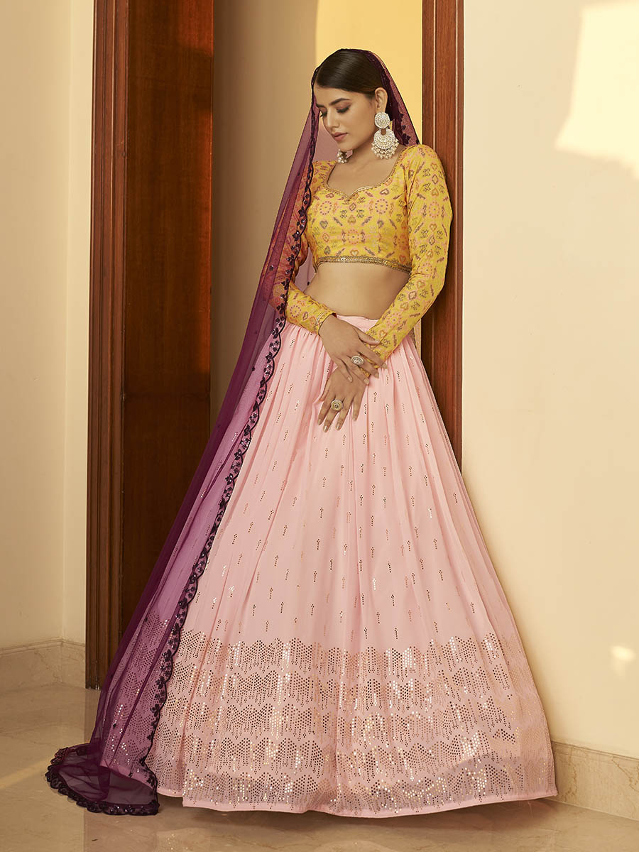 Myra Multicolour Georgette Mukaish Work Designer Lehenga | Grocsy