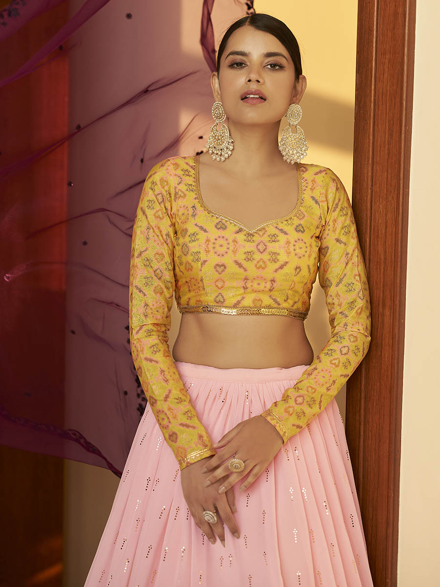 Myra Multicolour Georgette Mukaish Work Designer Lehenga | Grocsy
