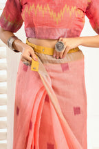 Joban Fashion Peach Ikkat Linen Ready To Wear Saree With Unstitched Blouse | Grocsy