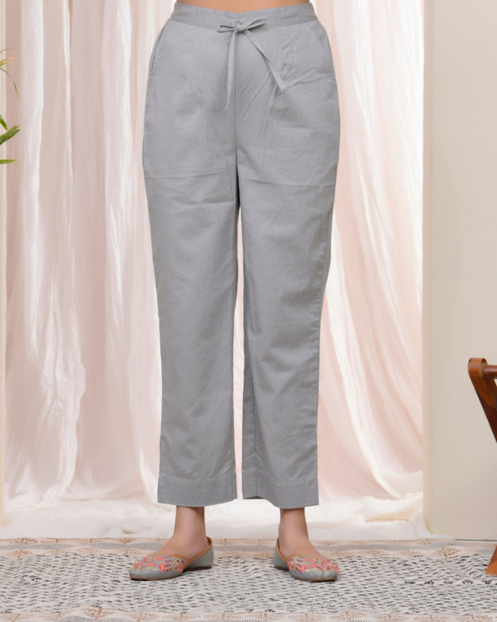 Vaasva Women Grey Cotton Flax Solid Straight Pants | Grocsy