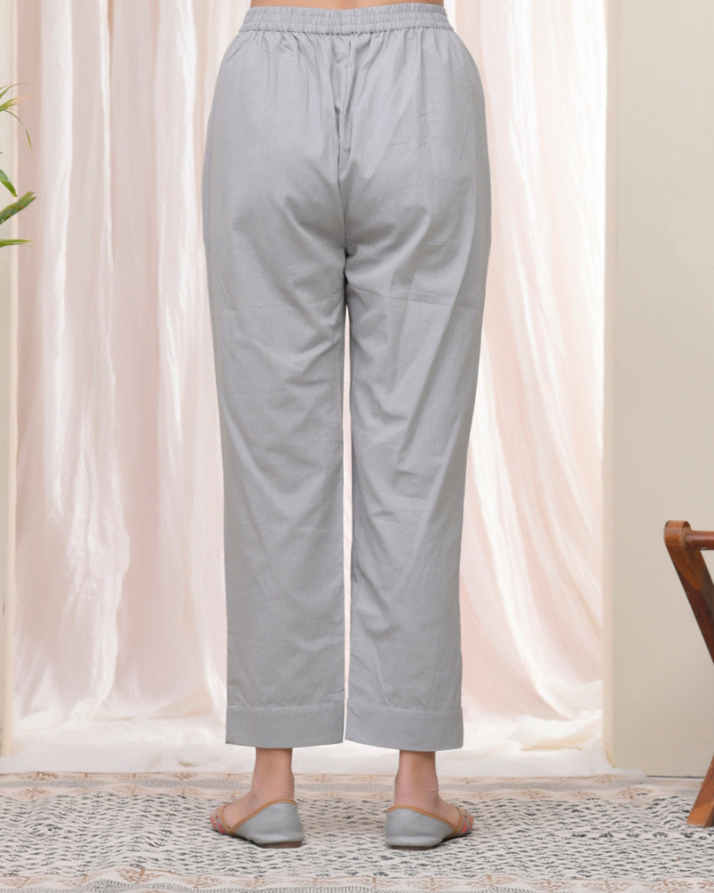 Vaasva Women Grey Cotton Flax Solid Straight Pants | Grocsy