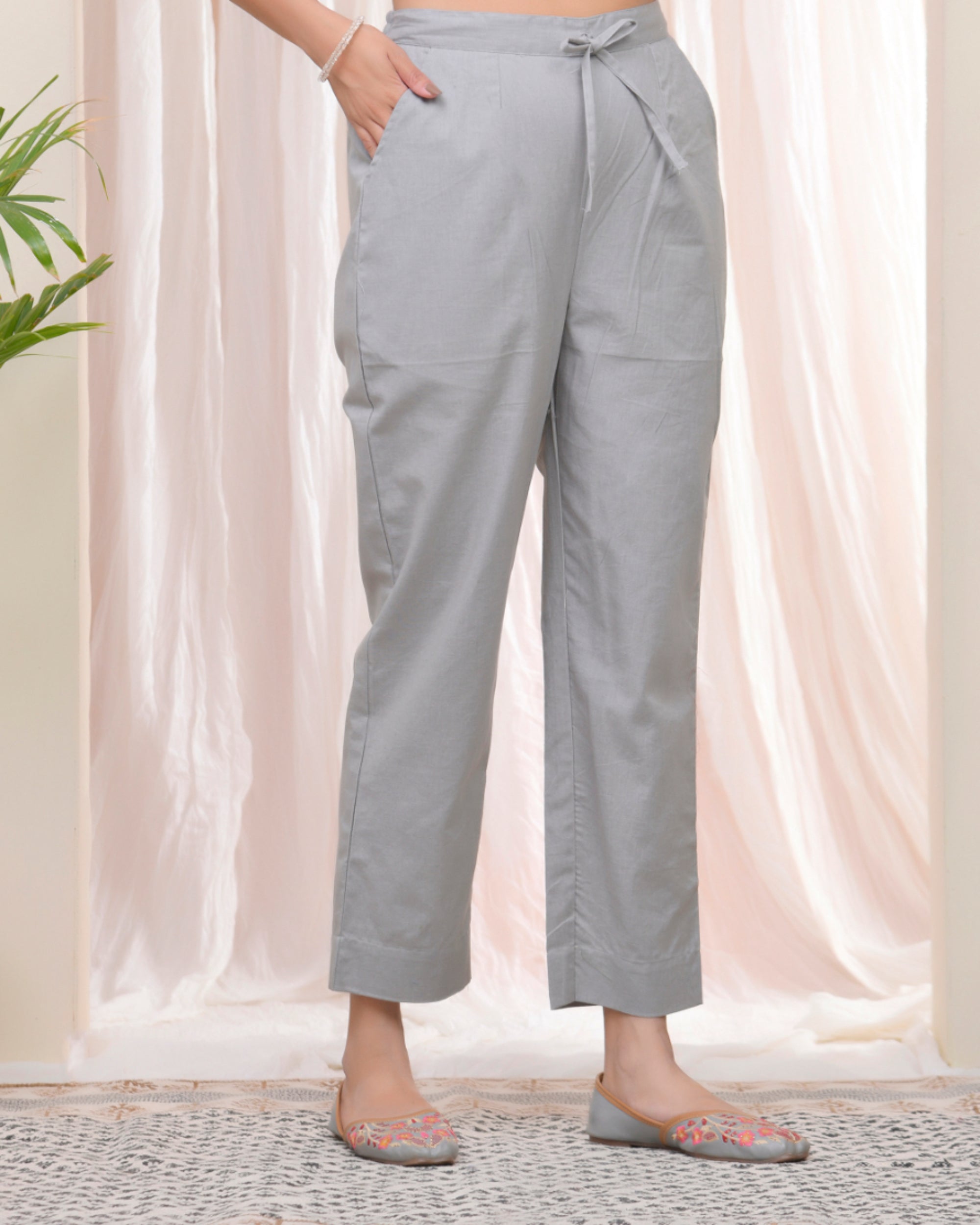 Vaasva Women Grey Cotton Flax Solid Straight Pants | Grocsy