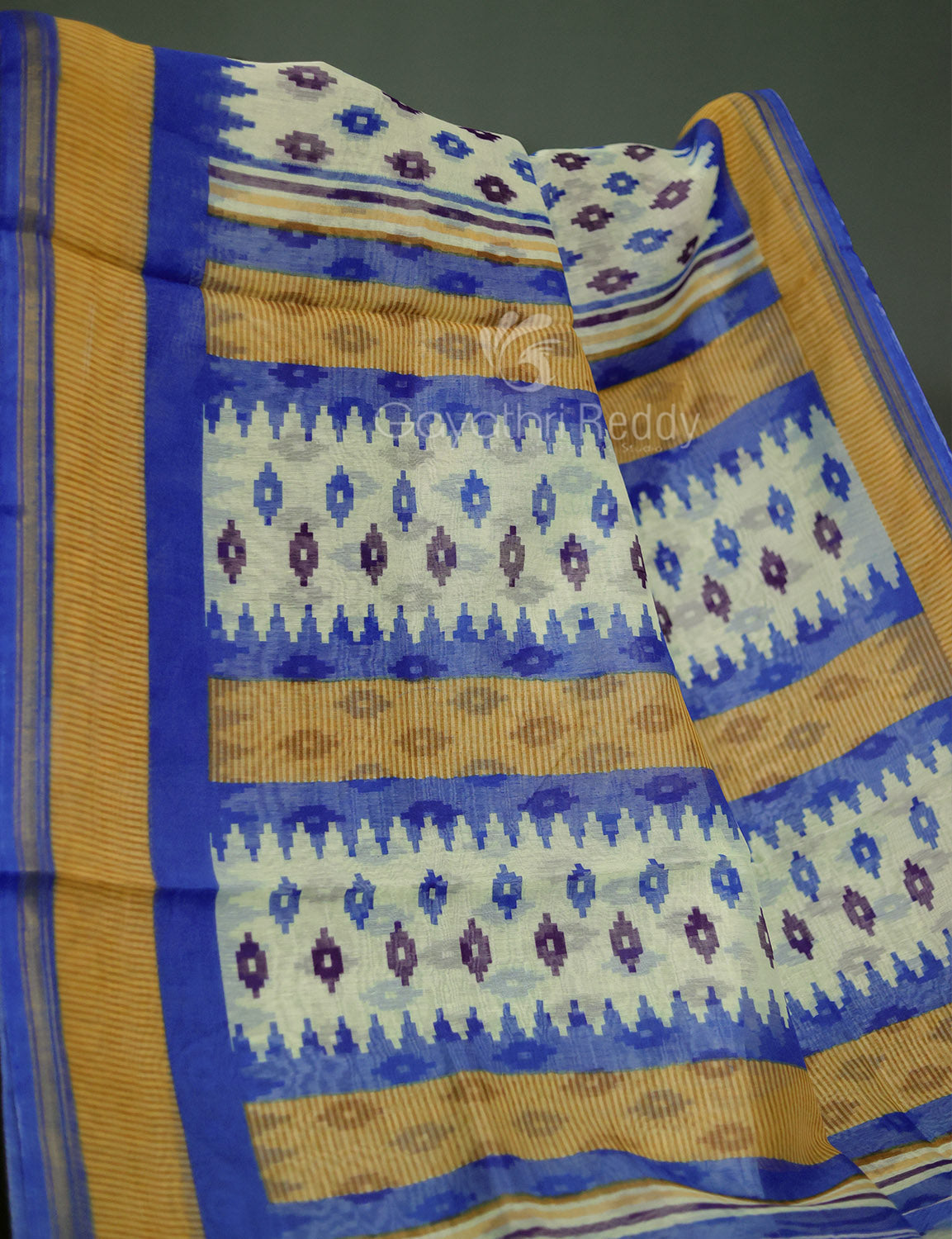Shades of Cream And Ink Blue Colour Blouse Patola Print Semi Chanderi Saree By Gayathri Reddy Designer Studio | Grocsy