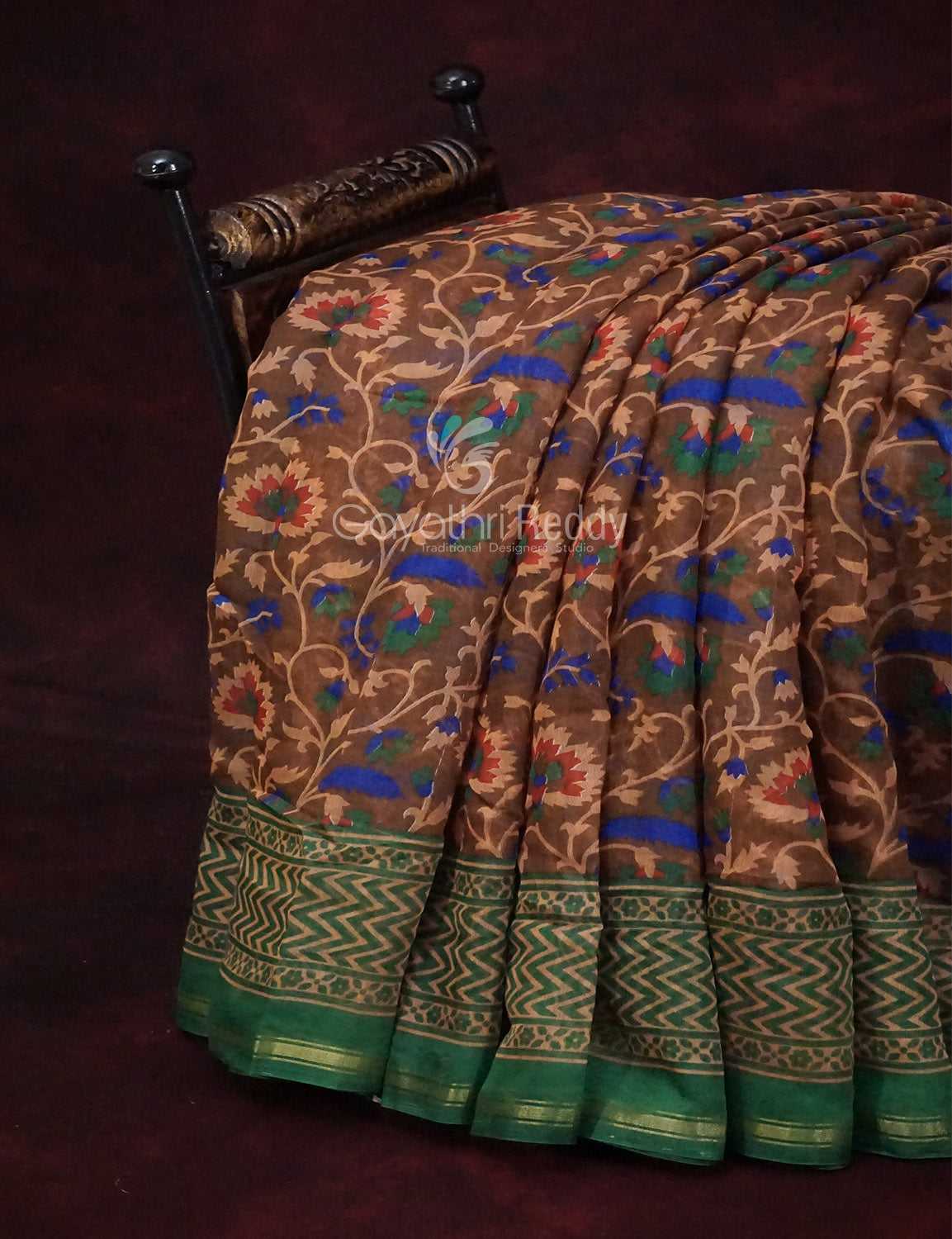 Shades of Dark Mehndi With Leaf Green Blouse Creeper Design Semi Chanderi Saree By Gayathri Reddy Designer Studio | Grocsy