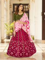 Myra Deep Pink & Olive Green Pink Georgette Embroidered Designer Lehenga | Grocsy