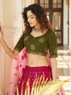 Myra Deep Pink & Olive Green Pink Georgette Embroidered Designer Lehenga | Grocsy