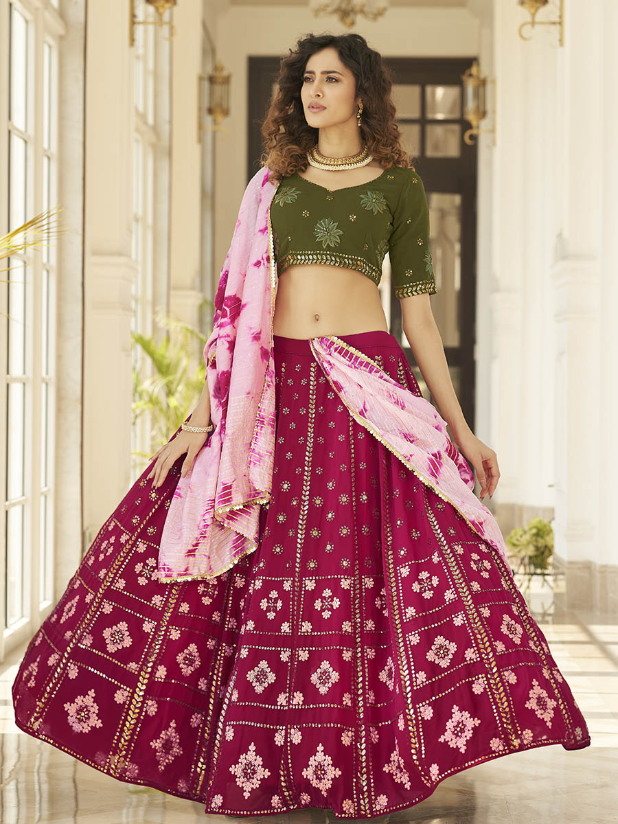 Myra Deep Pink & Olive Green Pink Georgette Embroidered Designer Lehenga | Grocsy