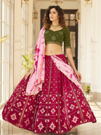 Myra Deep Pink & Olive Green Pink Georgette Embroidered Designer Lehenga | Grocsy