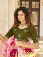 Myra Deep Pink & Olive Green Pink Georgette Embroidered Designer Lehenga | Grocsy