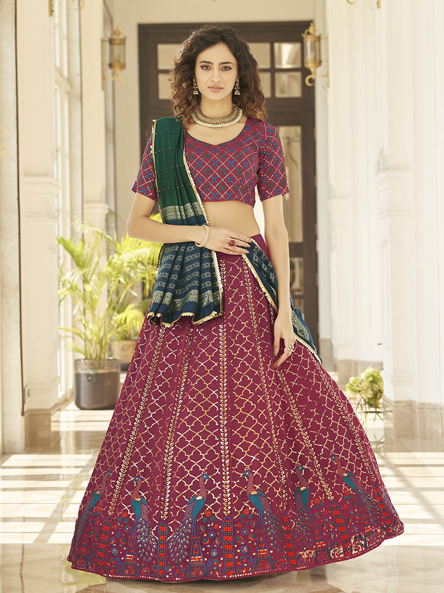 Myra Deep Pink & Green Georgette Embroidered Designer Lehenga | Grocsy