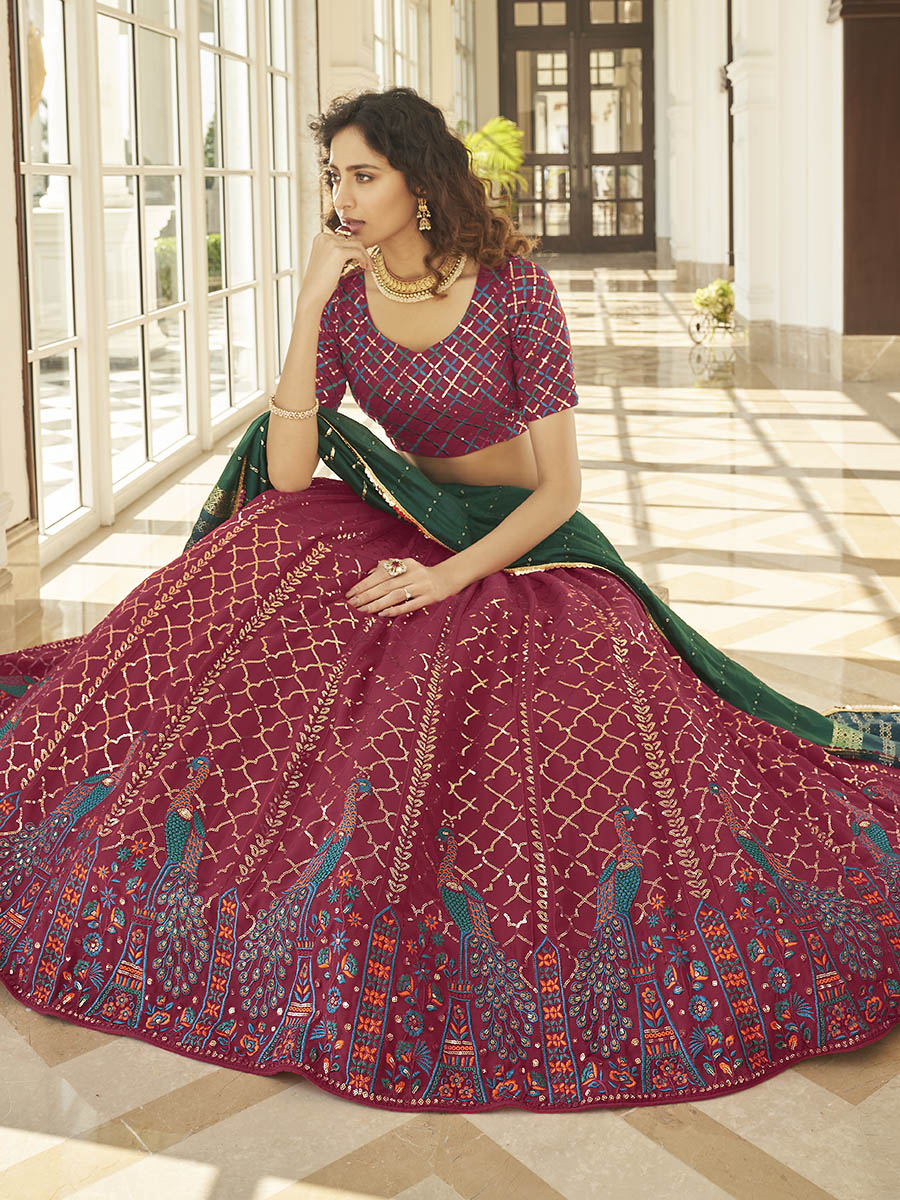 Myra Deep Pink & Green Georgette Embroidered Designer Lehenga | Grocsy