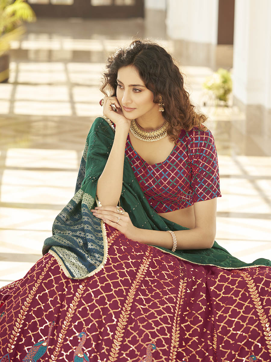 Myra Deep Pink & Green Georgette Embroidered Designer Lehenga | Grocsy