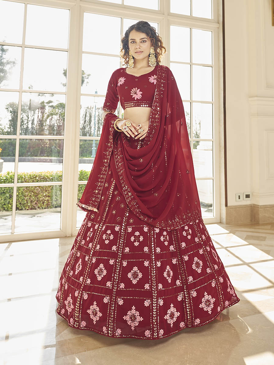 Myra Red Georgette Embroidered Designer Lehenga | Grocsy