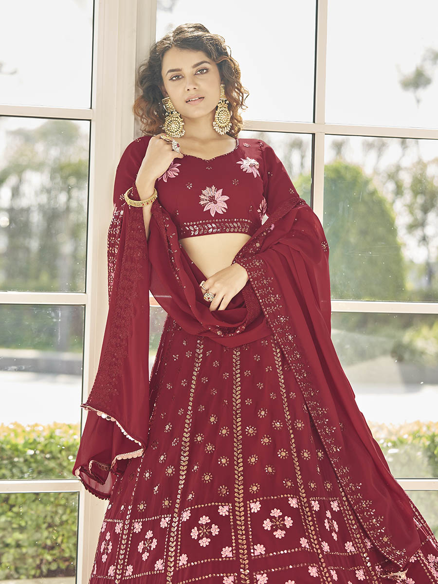 Myra Red Georgette Embroidered Designer Lehenga | Grocsy