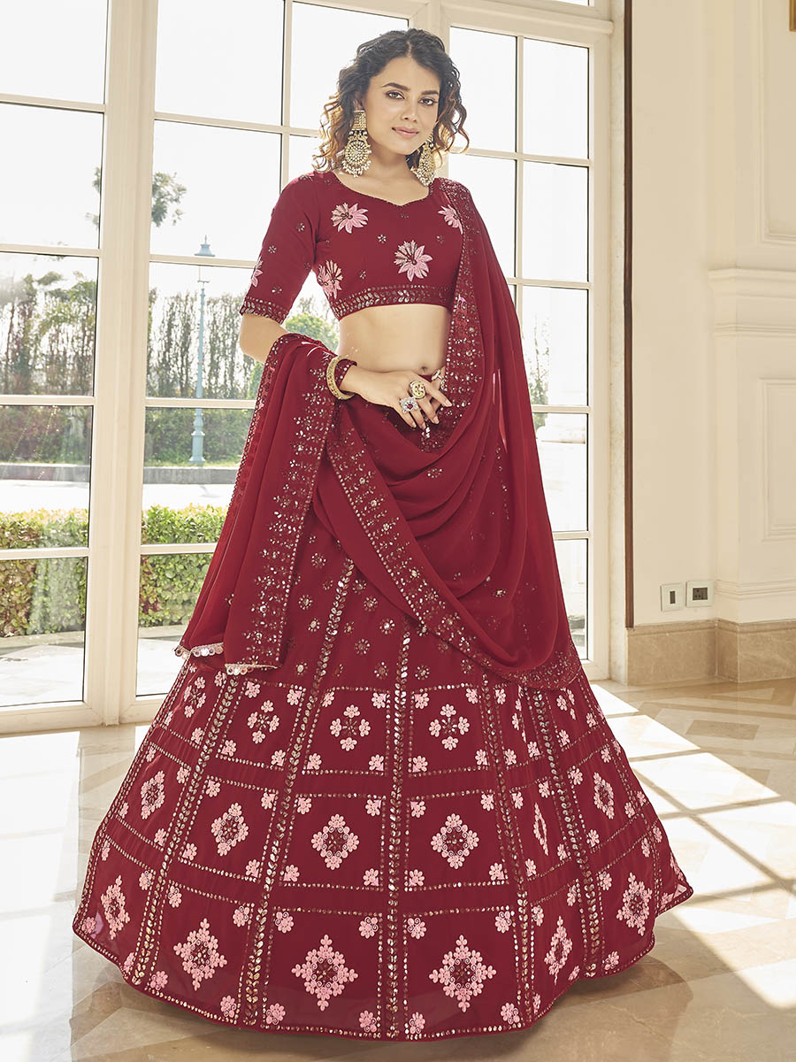 Myra Red Georgette Embroidered Designer Lehenga | Grocsy