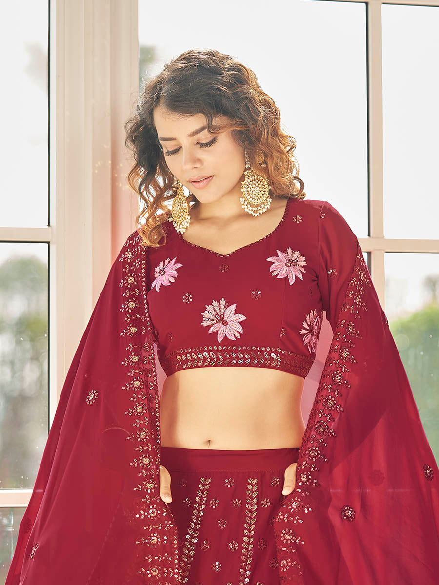 Myra Red Georgette Embroidered Designer Lehenga | Grocsy