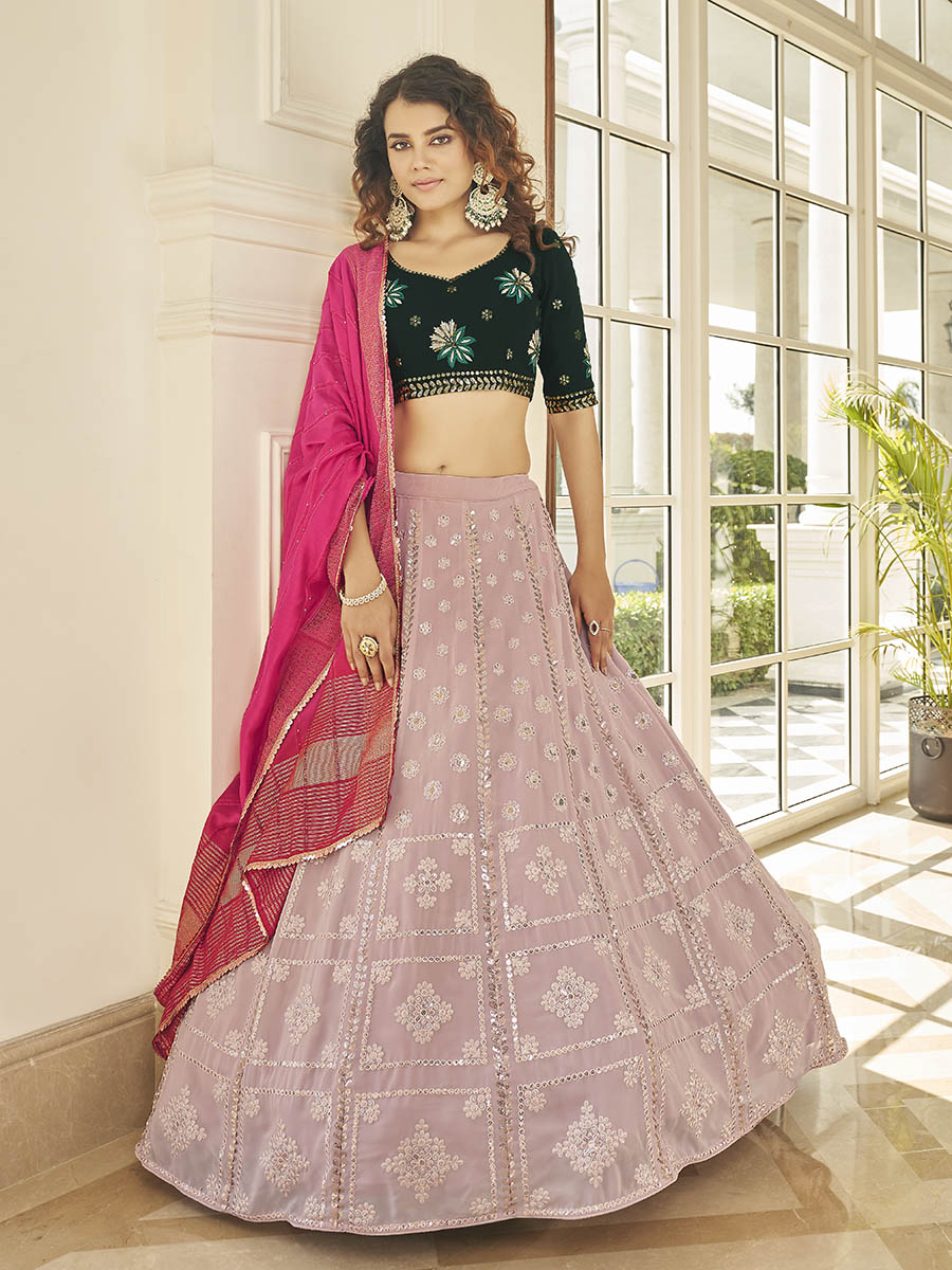 Myra Dusty Pink & Green Georgette Embroidered Designer Lehenga | Grocsy