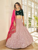 Myra Dusty Pink & Green Georgette Embroidered Designer Lehenga | Grocsy