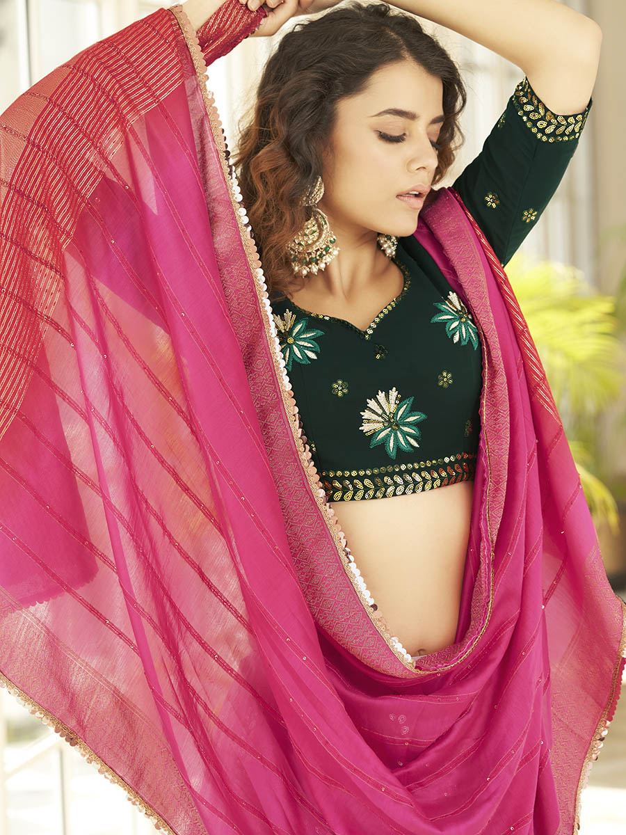 Myra Dusty Pink & Green Georgette Embroidered Designer Lehenga | Grocsy