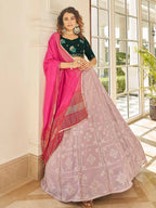 Myra Dusty Pink & Green Georgette Embroidered Designer Lehenga | Grocsy
