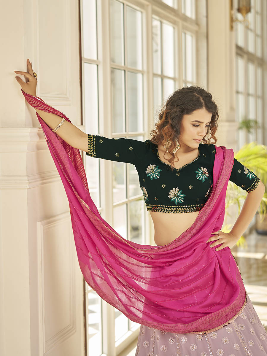 Myra Dusty Pink & Green Georgette Embroidered Designer Lehenga | Grocsy