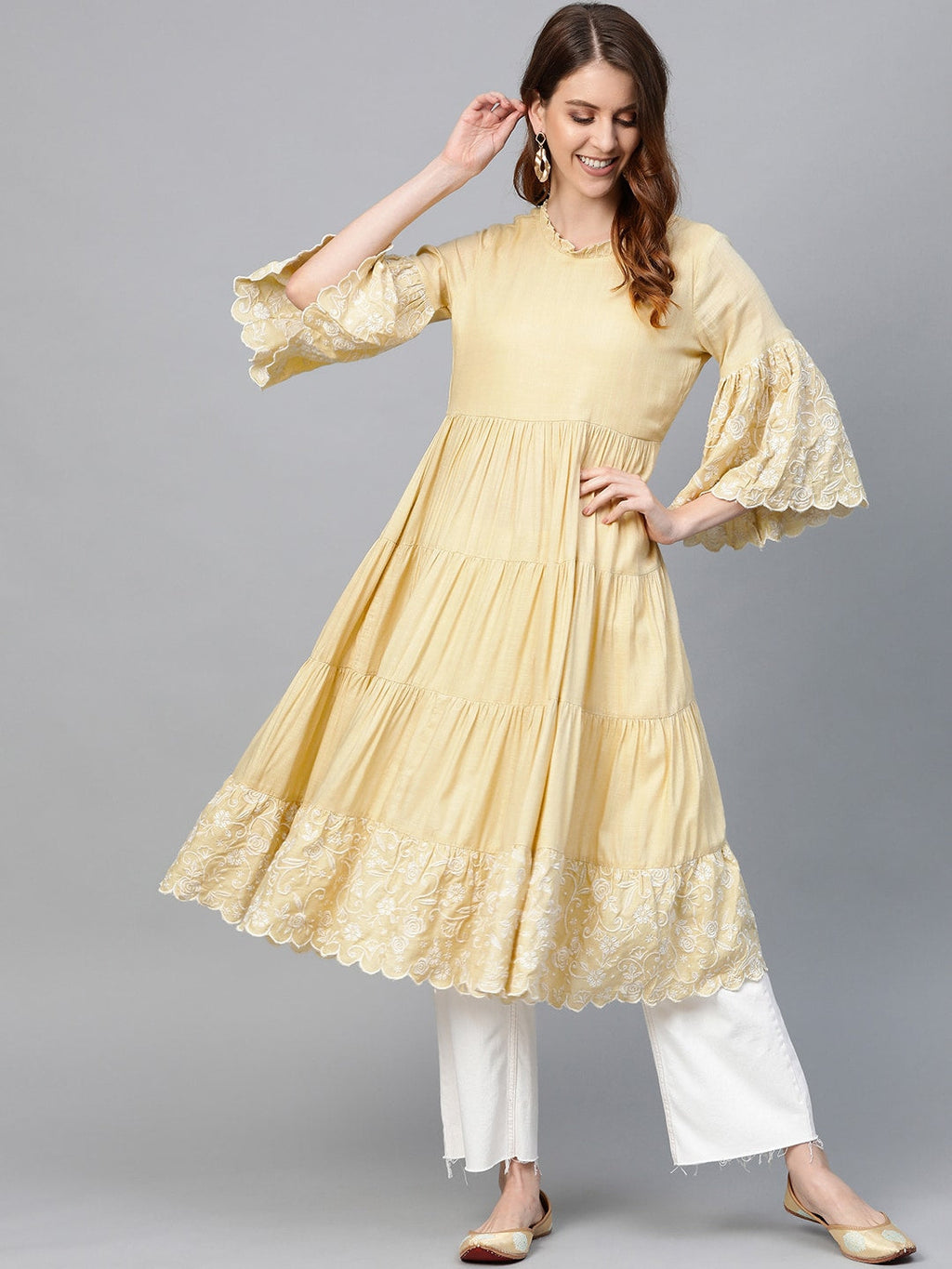 HERE&NOW Women Yellow Solid Tiered Anarkali Kurta | Grocsy